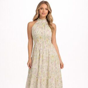 SPRING DRESS Smock waist halter flower print women maxi dress size 10